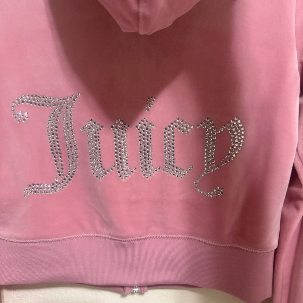 Juicy Couture Pink Velour Rhinestone Logo Zip Up Hoodie XS RN114186 Y2K Cropped‎ - Picture 8 of 12